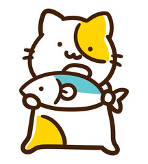 大きな魚を両手で持つかわいいねこのキャラクターのデフォルメイラスト
