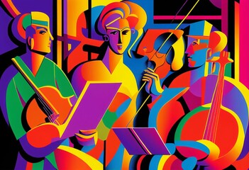 Illustration of abstract musician play music on big concert Created with Generative AI technology.