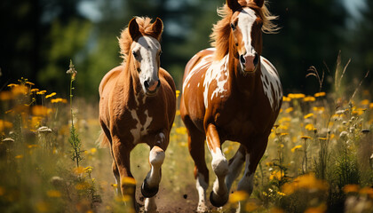 Thoroughbred horse running in meadow, jumping fence, surrounded by nature generated by AI