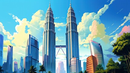 Malaysian Twin Tower Poster in the Sunny Day with Blue Sky View generative ai - obrazy, fototapety, plakaty