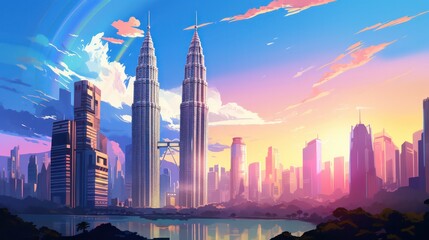 Malaysian Twin Tower Poster in the Evening with Blue Sky View generative ai - obrazy, fototapety, plakaty