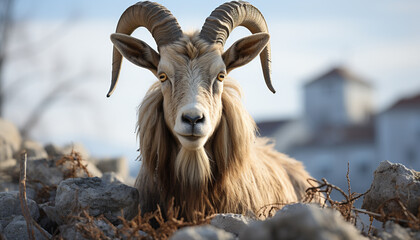 Obraz premium Cute goat grazing in meadow, looking at camera, outdoors generated by AI