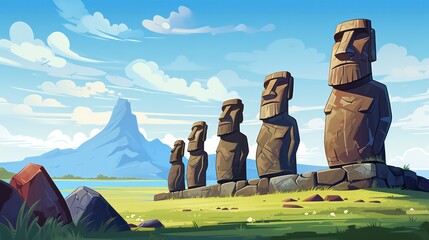 Moai Statues Poster in the Sunny Day with Blue Sky View generative ai