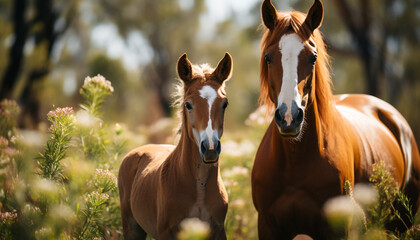 Beautiful mare and foal grazing in green meadow generated by AI