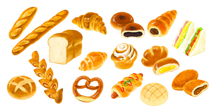 パンのイラストセット　定番　ハードパン　菓子パン　惣菜パン