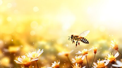 Spring fields and wildflowers with bee swarming in the soft sunlight. Summer background with blurred bokeh light effect. - obrazy, fototapety, plakaty