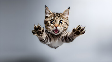 funny cat flying. photo of a playful tabby cat jumping mid-air looking at camera. background with copy space 
