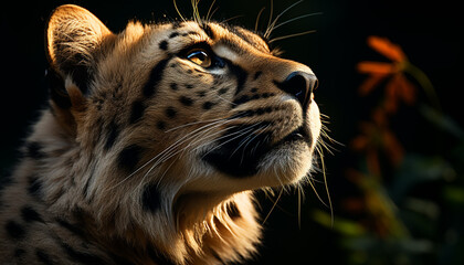 Majestic feline staring, wild beauty in nature, striped animal close up generated by AI