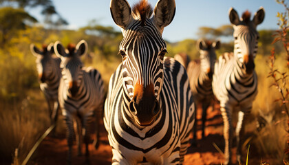 Fototapeta premium Zebra herd grazing on plain, standing in a row generated by AI