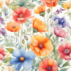 Seamless pattern of watercolor flowers Pattern painted with colorful watercolors Abstract seamless fabric pattern design.