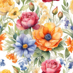 Seamless pattern of watercolor flowers Pattern painted with colorful watercolors Abstract seamless fabric pattern design.