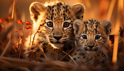 Obraz premium Cute tiger cub staring, beauty in nature, wild animals play generated by AI
