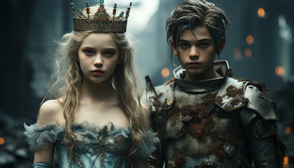 Fototapeta premium A beautiful princess and a handsome prince in a fantasy generated by AI