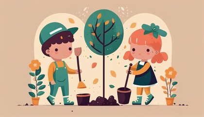 Naklejka premium Children planting a tree for health the world and environment Created with Generative AI technology.
