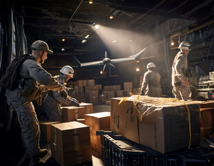 Unloading boxes of ammunition at a military airport - obrazy, fototapety, plakaty