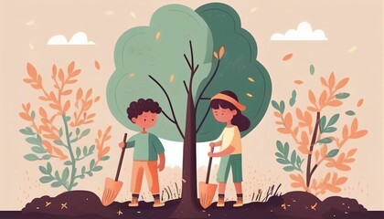 Children planting a tree for health the world and environment Created with Generative AI technology.