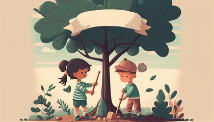 Children planting a tree for health the world and environment Created with Generative AI technology.
