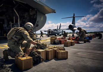 Unloading boxes of ammunition at a military airport - obrazy, fototapety, plakaty