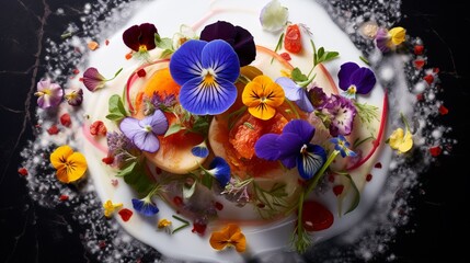 a picture of edible flowers as nature's culinary treasures, with an image that captures their enduring beauty and the inspiration they provide to chefs, artists, and designers