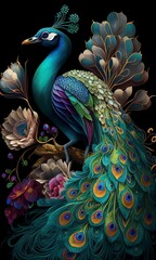 Close up peacock bird with beautiful tail for background Created with Generative AI technology.