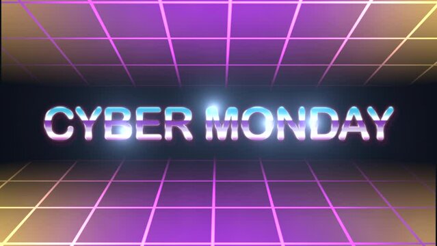 Cyber Monday text with retro grid in galaxy, motion abstract holidays, retro and business style background