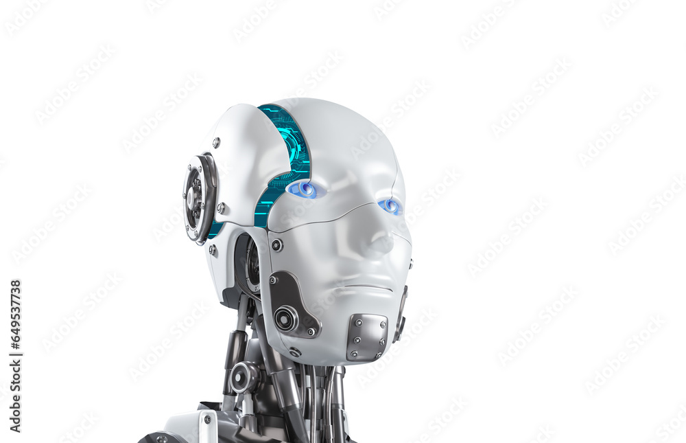 Poster Part of one separated robot head 3D rendering with digital graphic brain engine inside isolated on transparent background, png file