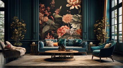 a seamless integration of exotic flowers in interior decor, where their international charm enhances the aesthetics and sense of wanderlust in living spaces - obrazy, fototapety, plakaty