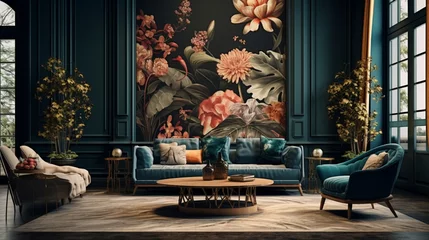 Fotobehang a seamless integration of exotic flowers in interior decor, where their international charm enhances the aesthetics and sense of wanderlust in living spaces © DESIRED_PIC