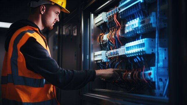 Electrician engineer with plan to check electrical supply in front of control fuse switchboard