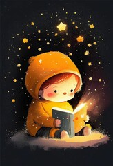 Cover book of kid standing on universe with cute little stars Created with Generative AI technology.