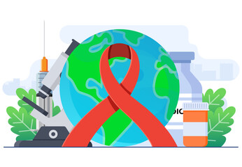 Breast cancer or HIV AIDS awareness concept flat illustration vector template, Medical equipment to research for diseases and finding medicines, Red Ribbon to raise awareness of the AIDS epidemic