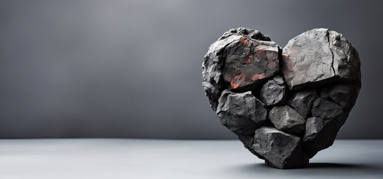 Basalt heart on isolated background, love and romance concept, banner