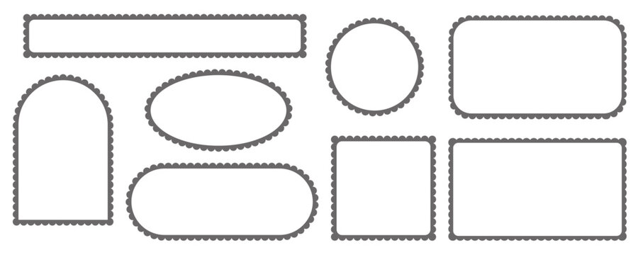 Scallop edge border and frame. Square circle and rectangle shape. Vector lace frill. Simple cute label. Outline decorative collection