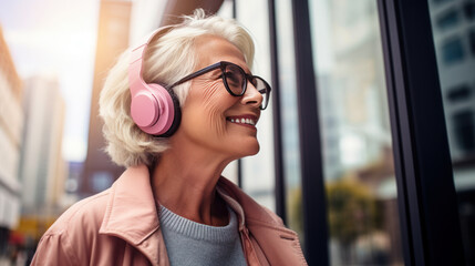 Senior woman wearing headphone wireless listen music and happy walking in the city modern - obrazy, fototapety, plakaty