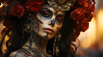 Young woman with sugar skull makeup, beautiful girl with a skull face, Mexican culture, Generative Ai.  