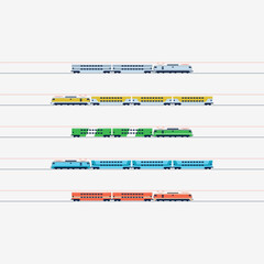 A modern passenger train with double-decker carriages. Several color options. Vector illustration. Vector illustration
