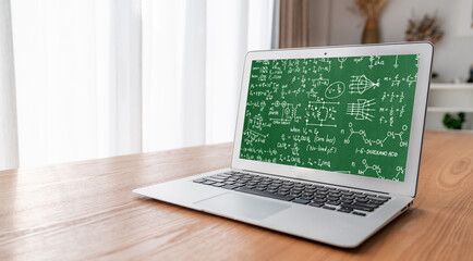 Mathematic equations and modish formula on computer screen showing concept of science and education