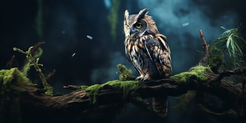 Scene of an owl looking at the camera with copy space in the background
