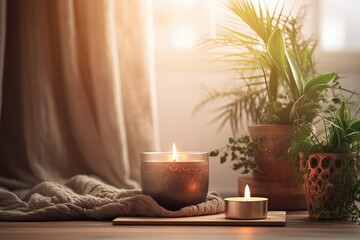 An atmosphere of peace and relaxation at home. Meditation and energy flow. Scented candle.