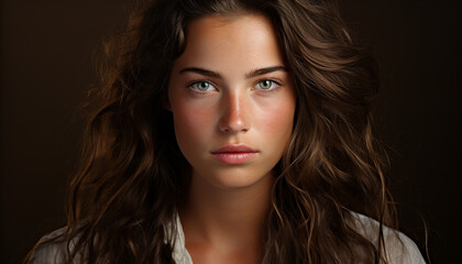 Fototapeta premium Beautiful woman with brown hair looking at camera confidently generated by AI