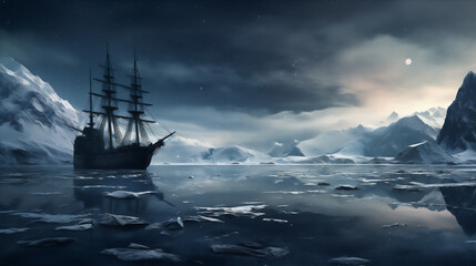 wood sailing ship in the north polar at night, colorful aurora, snow mountain, moon and stars, hyper realistic, dramatic light, create using generative AI tools