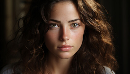 Naklejka premium Young woman with brown hair looking at camera, confident and beautiful generated by AI
