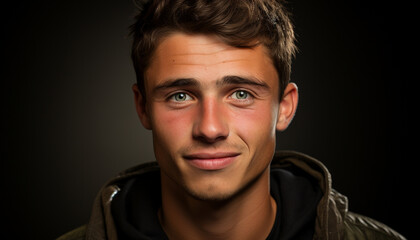 Obraz premium A confident young man with a toothy smile, looking at camera generated by AI