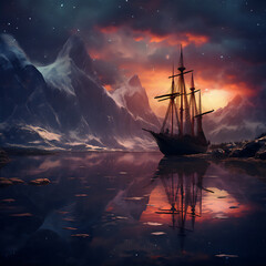 Obraz premium wood sailing ship in the north polar at night, colorful aurora, snow mountain, moon and stars, hyper realistic, dramatic light, create using generative AI tools