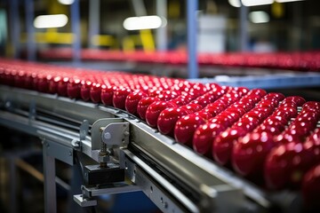 Apple conveyor production line in the automation machine at the food and fruit factory background.