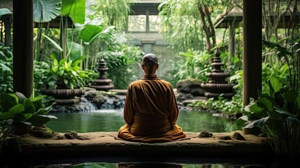 A serene and peaceful photo of a Buddhist monk meditation AI Generative - obrazy, fototapety, plakaty
