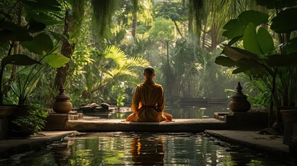 A serene and peaceful photo of a Buddhist monk meditation AI Generative - obrazy, fototapety, plakaty