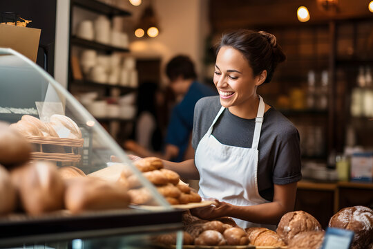 a smiling female baker, who's also the shop owner, offering exemplary customer service as she hands a customer their order in her retail store