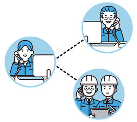 パソコンと電話で連絡をするヘルメットと作業着を着たビジネスパーソン