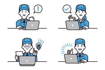 ノートパソコンを操作する帽子と作業着を着た男女のビジネスパーソン